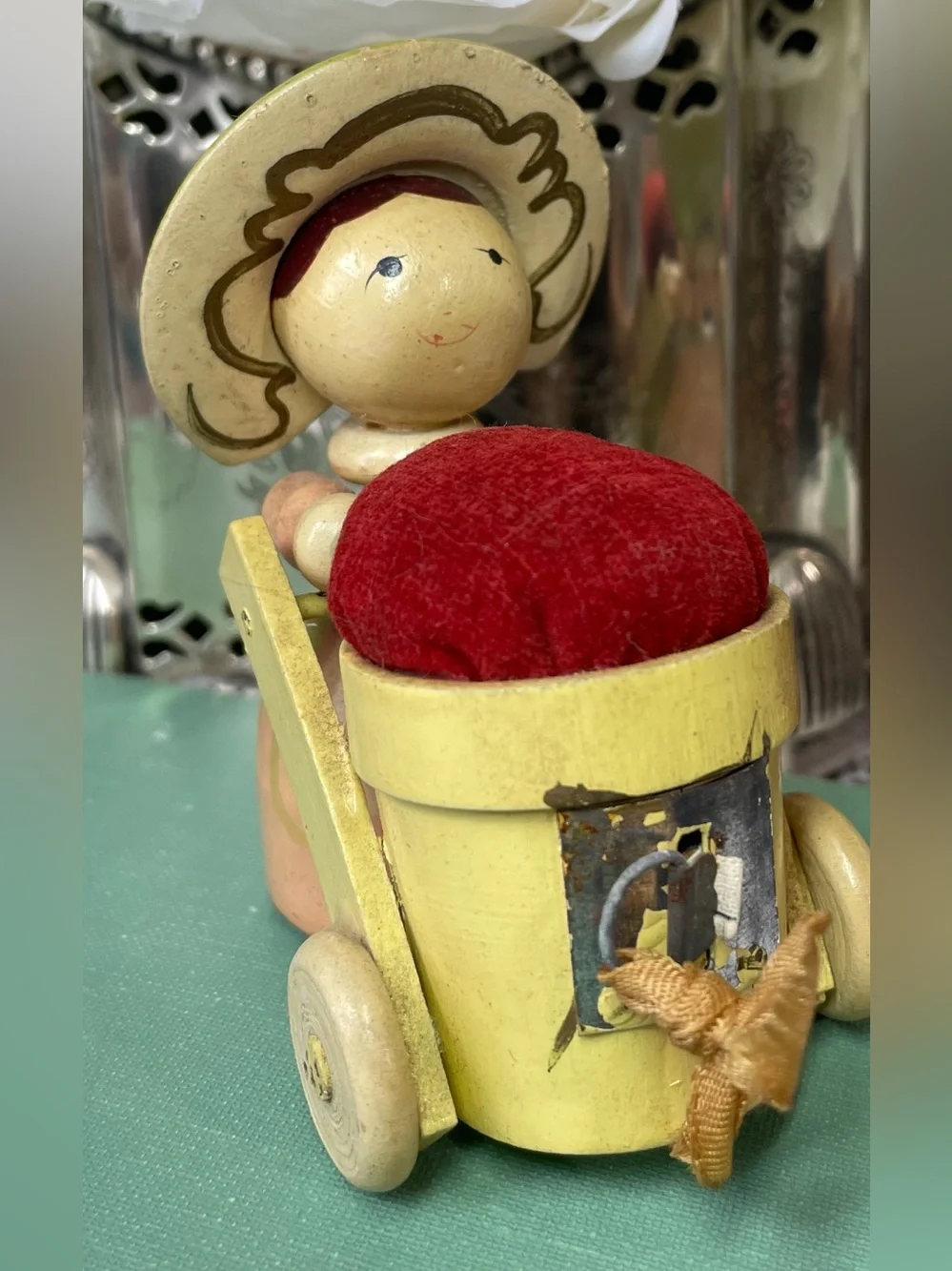 Handcrafted Yellow Wooden Pin Cushion with Red Velvet Top vintage Japan